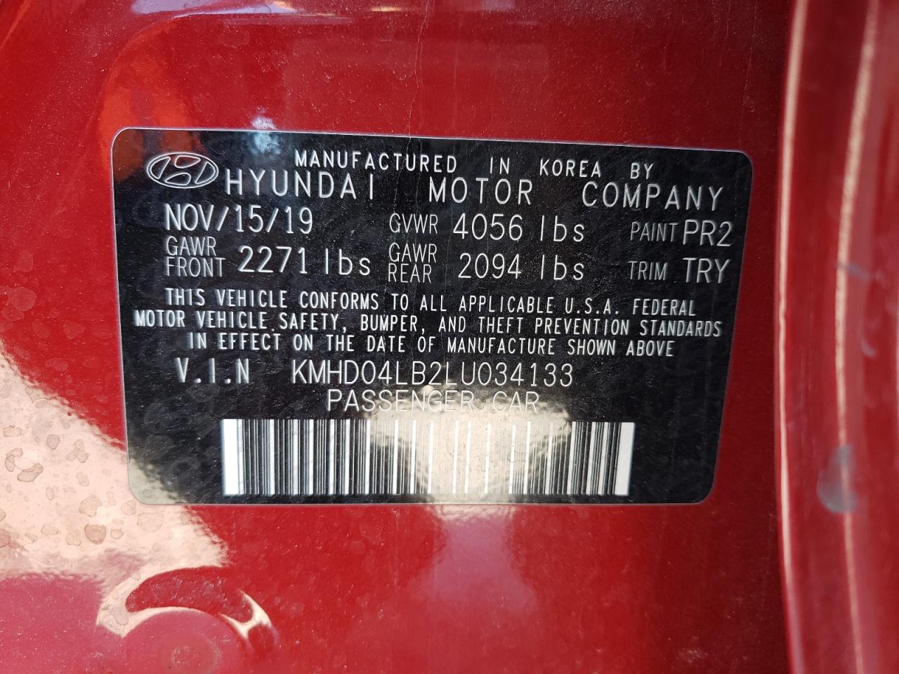 Photo 10 from auction – 2020 HYUNDAI ELANTRA SP with VIN KMHD04LB2LU034133