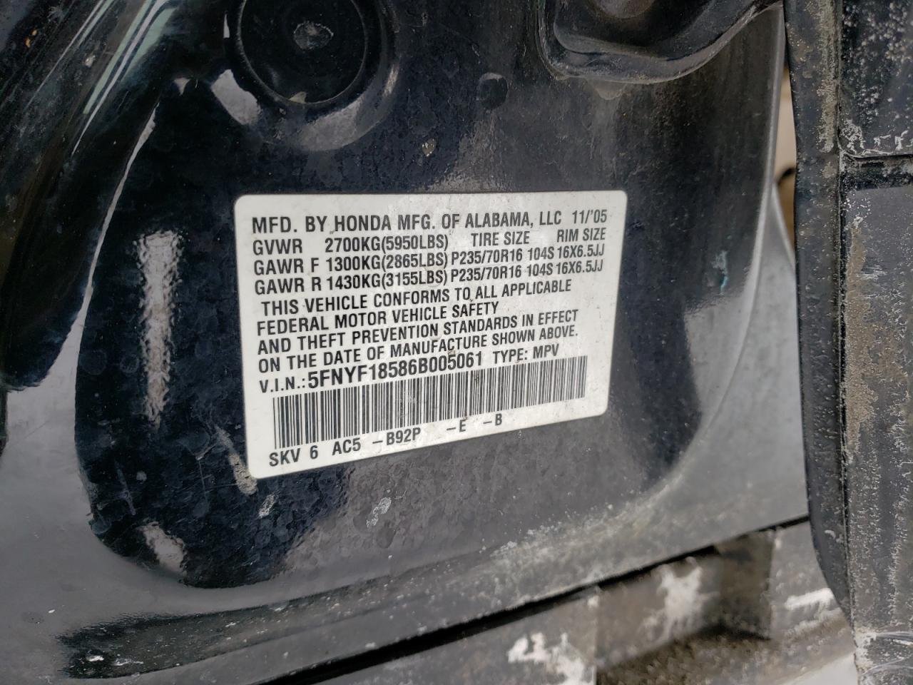 Photo 10 from auction – 2006 HONDA PILOT EX with VIN 5FNYF18586B005061