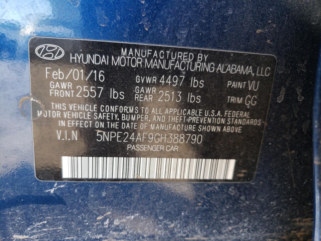 Photo 10 from auction – 2016 HYUNDAI SONATA SE with VIN 5NPE24AF9GH388790