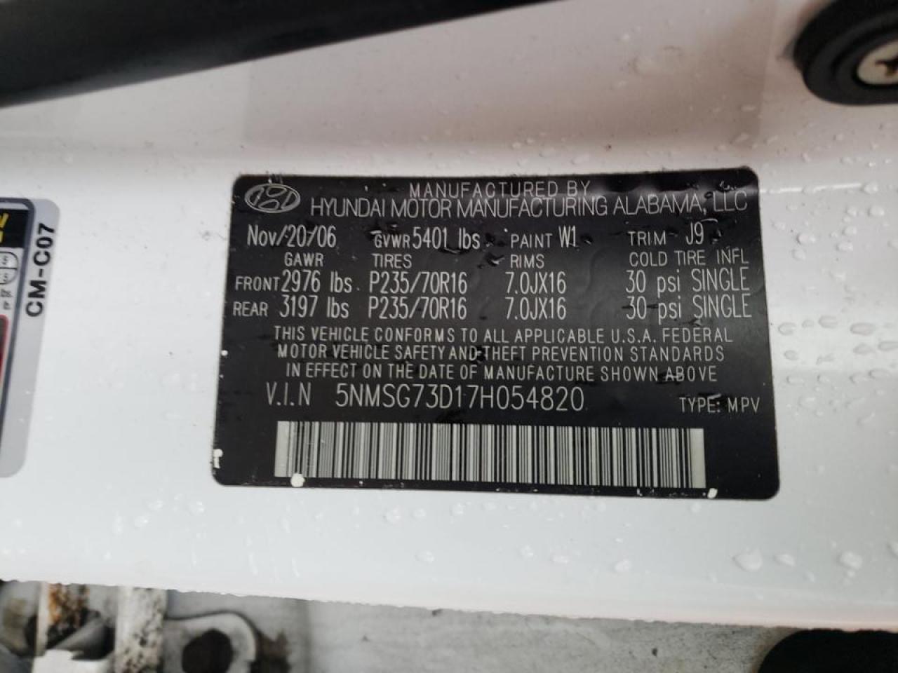 Photo 10 from auction – 2007 HYUNDAI SANTA FE G with VIN 5NMSG73D17H054820