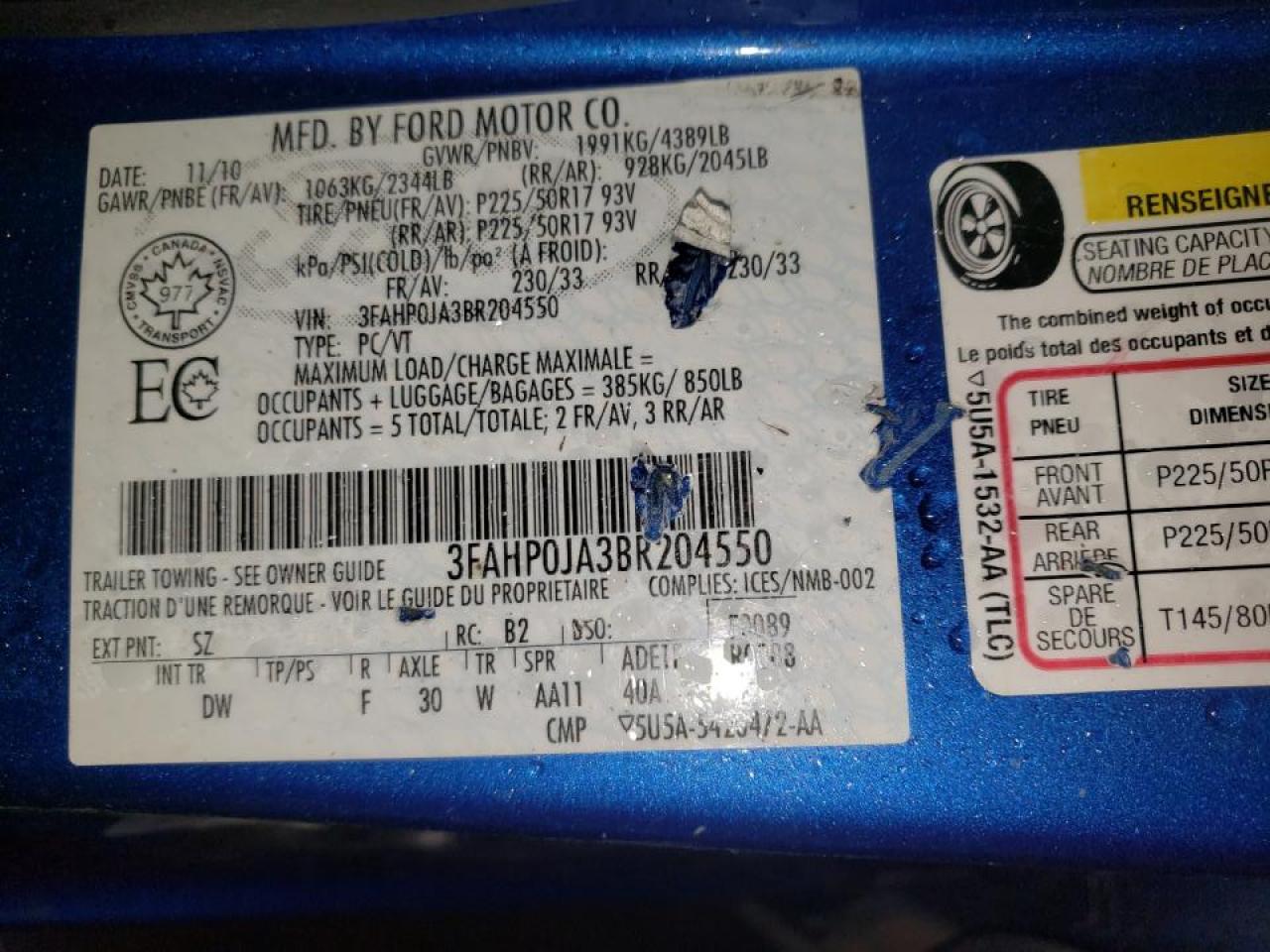 Photo 10 from auction – 2011 FORD FUSION SEL with VIN 3FAHP0JA3BR204550