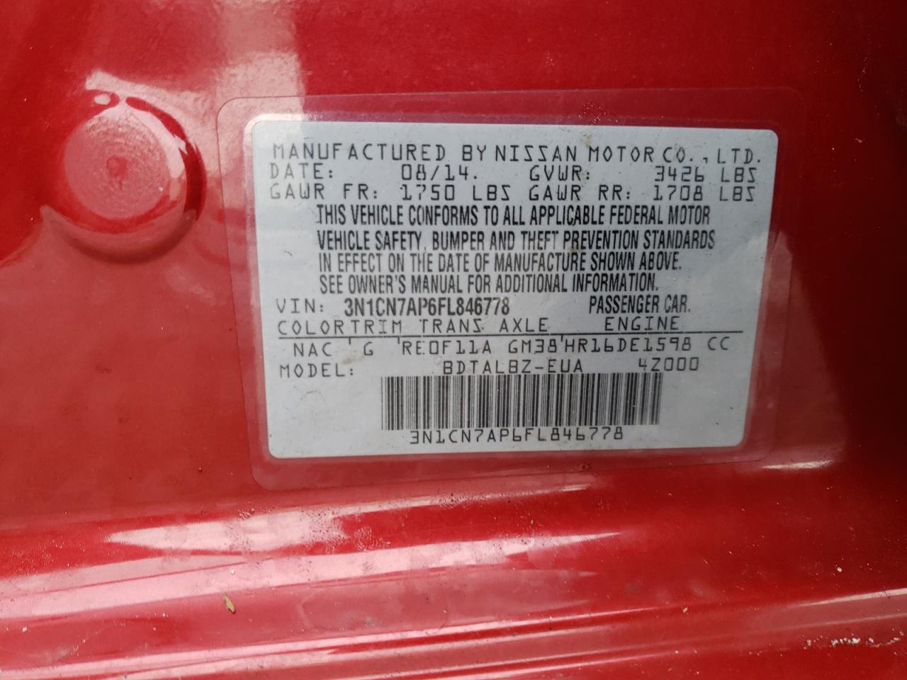 Photo 10 from auction – 2015 NISSAN VERSA with VIN 3N1CN7AP6FL846778