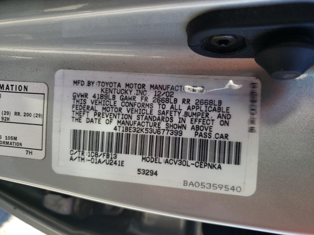 Photo 20 from auction – 2003 TOYOTA CAMRY LE with VIN 4T1BE32K53U677399