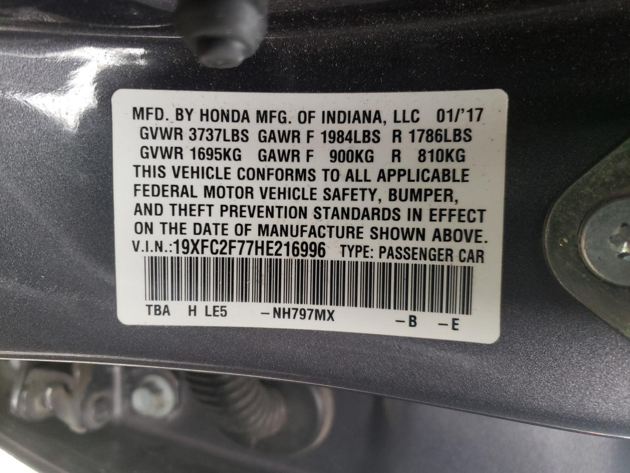 Photo 10 from auction – 2017 HONDA CIVIC EX with VIN 19XFC2F77HE216996
