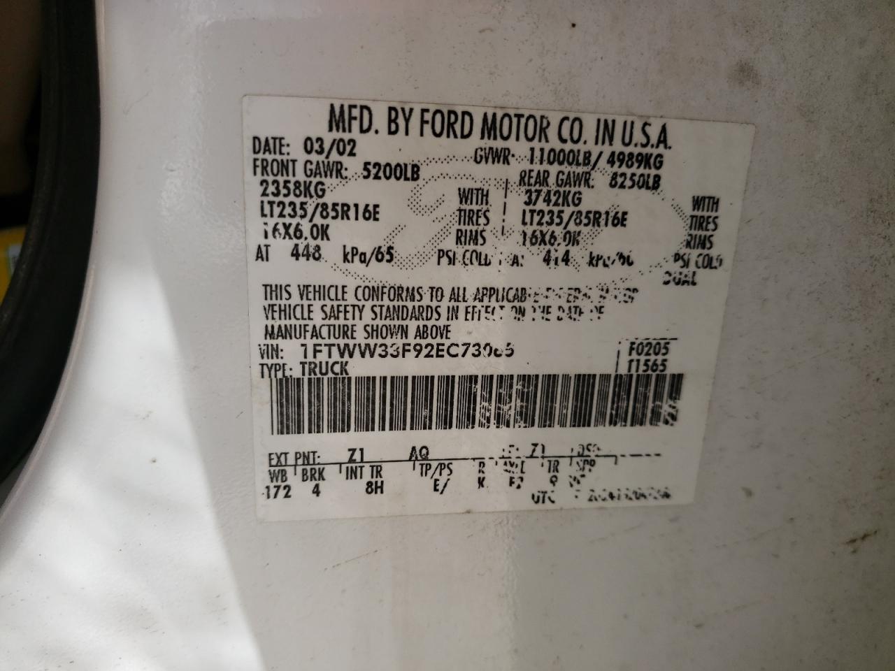 Photo 10 from auction – 2002 FORD F350 SUPER with VIN 1FTWW33F92EC73065