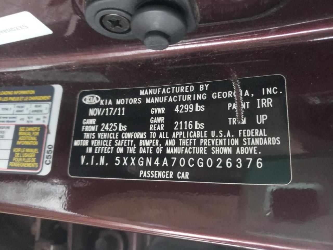 Photo 10 from auction – 2012 KIA OPTIMA EX with VIN 5XXGN4A70CG026376