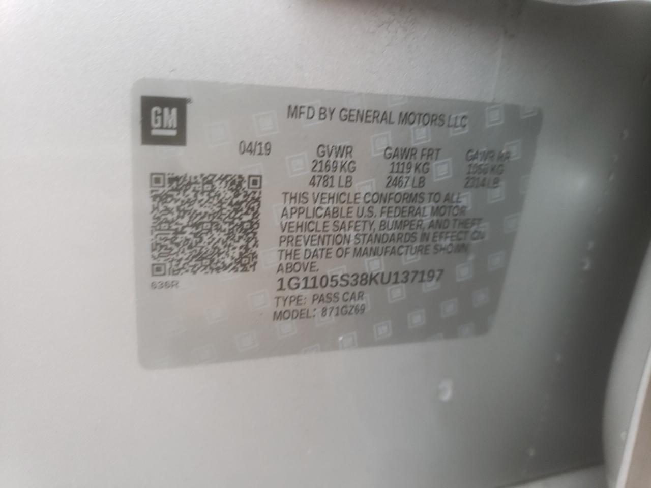 Photo 10 from auction – 2019 CHEVROLET IMPALA PRE with VIN 1G1105S38KU137197