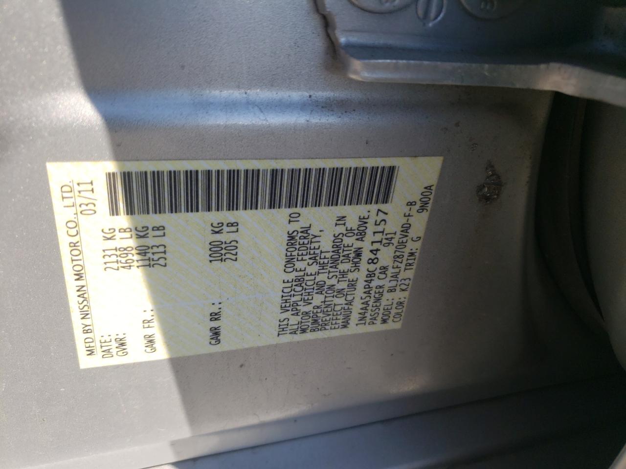 Photo 10 from auction – 2011 NISSAN MAXIMA S with VIN 1N4AA5AP4BC841157
