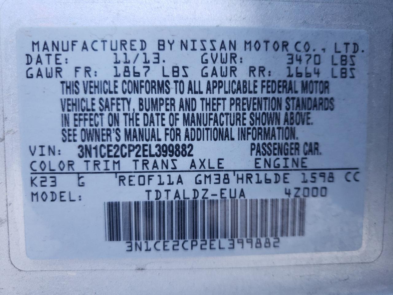 Photo 10 from auction – 2014 NISSAN VERSA NOTE with VIN 3N1CE2CP2EL399882