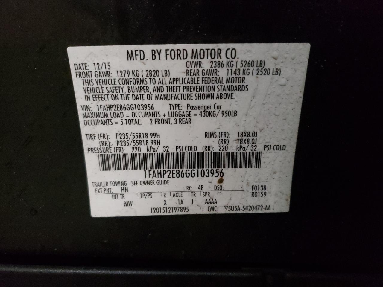 Photo 10 from auction – 2016 FORD TAURUS SEL with VIN 1FAHP2E86GG103956