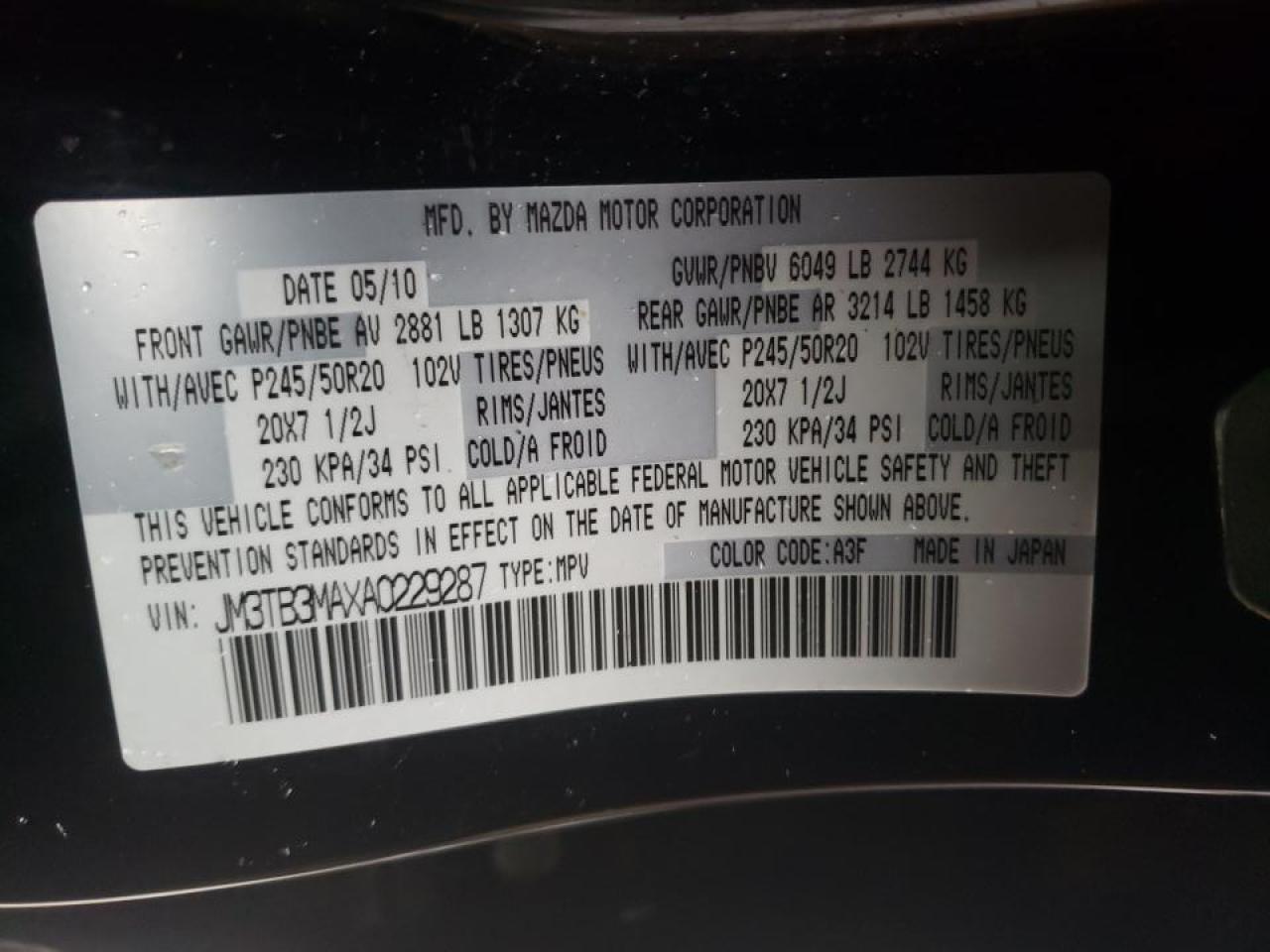 Photo 10 from auction – 2010 MAZDA CX-9 with VIN JM3TB3MAXA0229287
