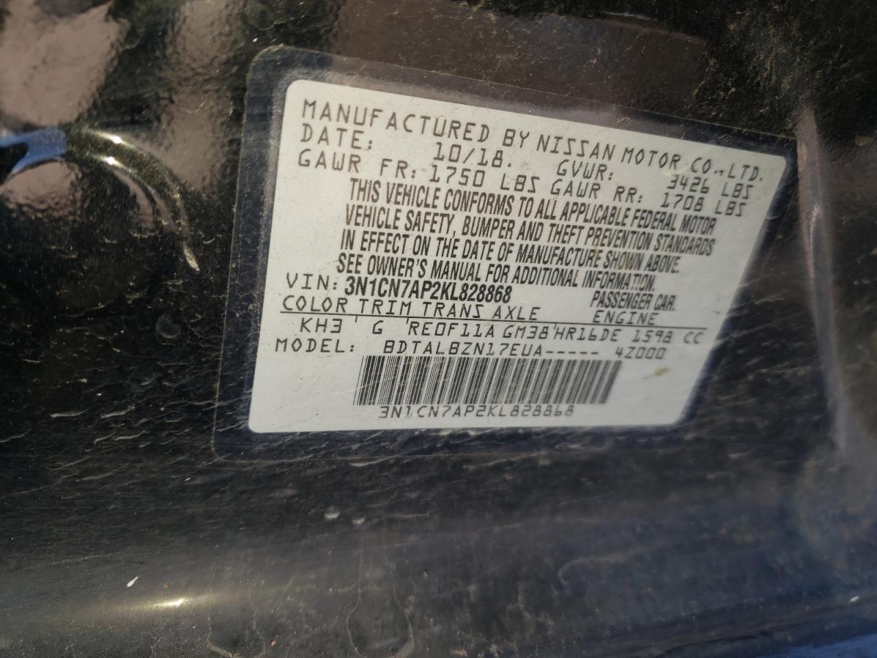 Photo 10 from auction – 2019 NISSAN VERSA S with VIN 3N1CN7AP2KL828868