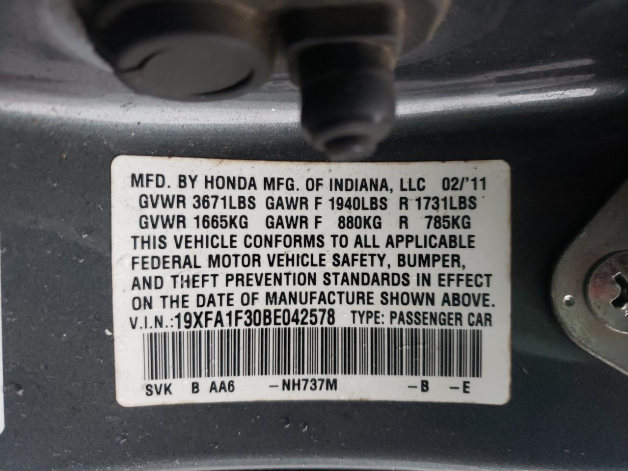 Photo 10 from auction – 2011 HONDA CIVIC VP with VIN 19XFA1F30BE042578