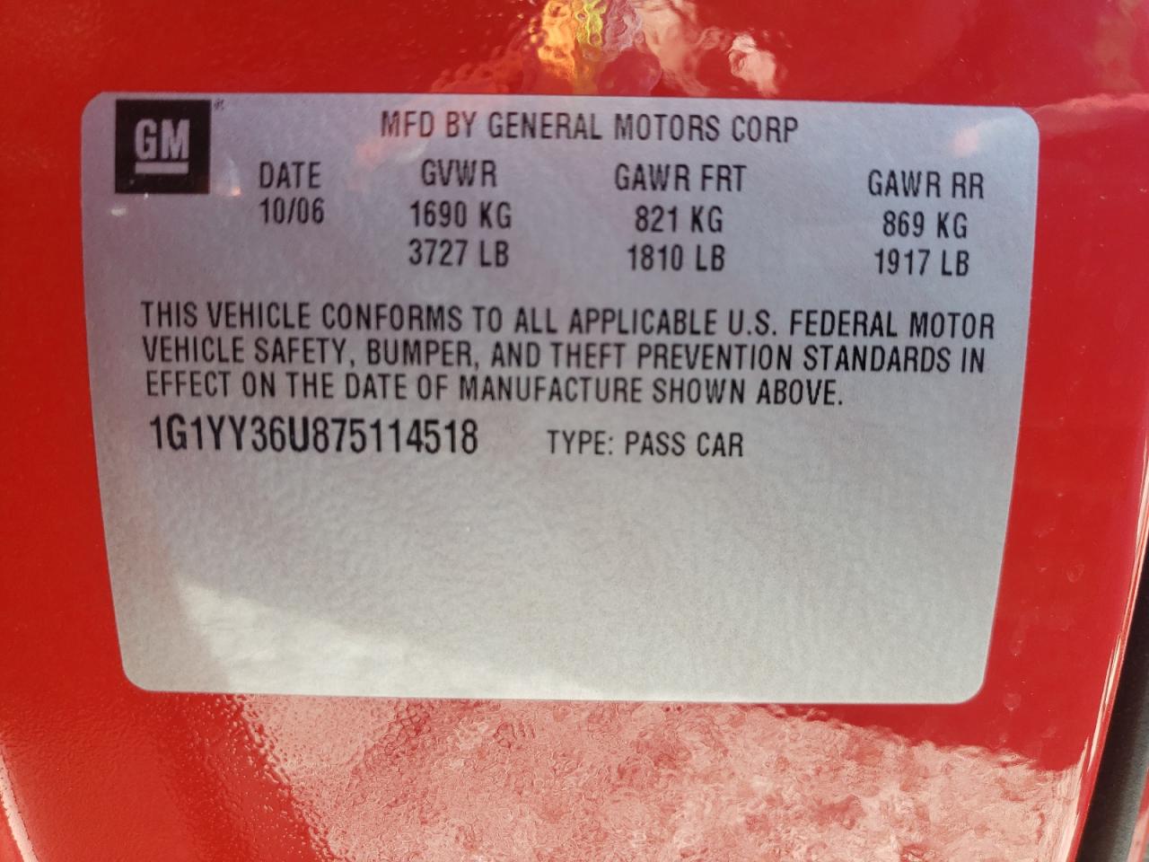 Photo 10 from auction – 2007 CHEVROLET CORVETTE with VIN 1G1YY36U875114518
