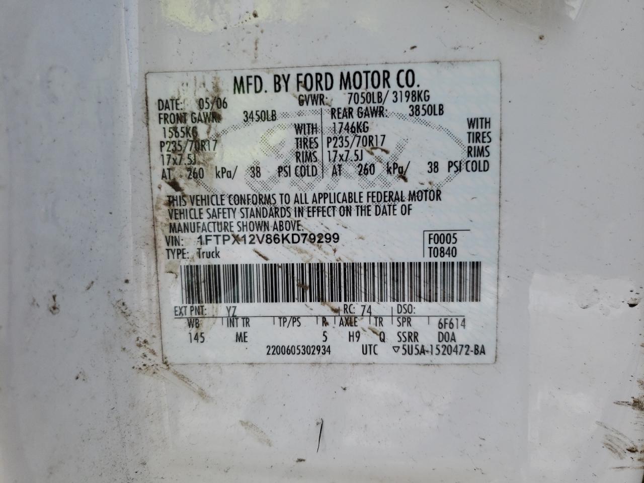 Photo 10 from auction – 2006 FORD F150 with VIN 1FTPX12V86KD79299