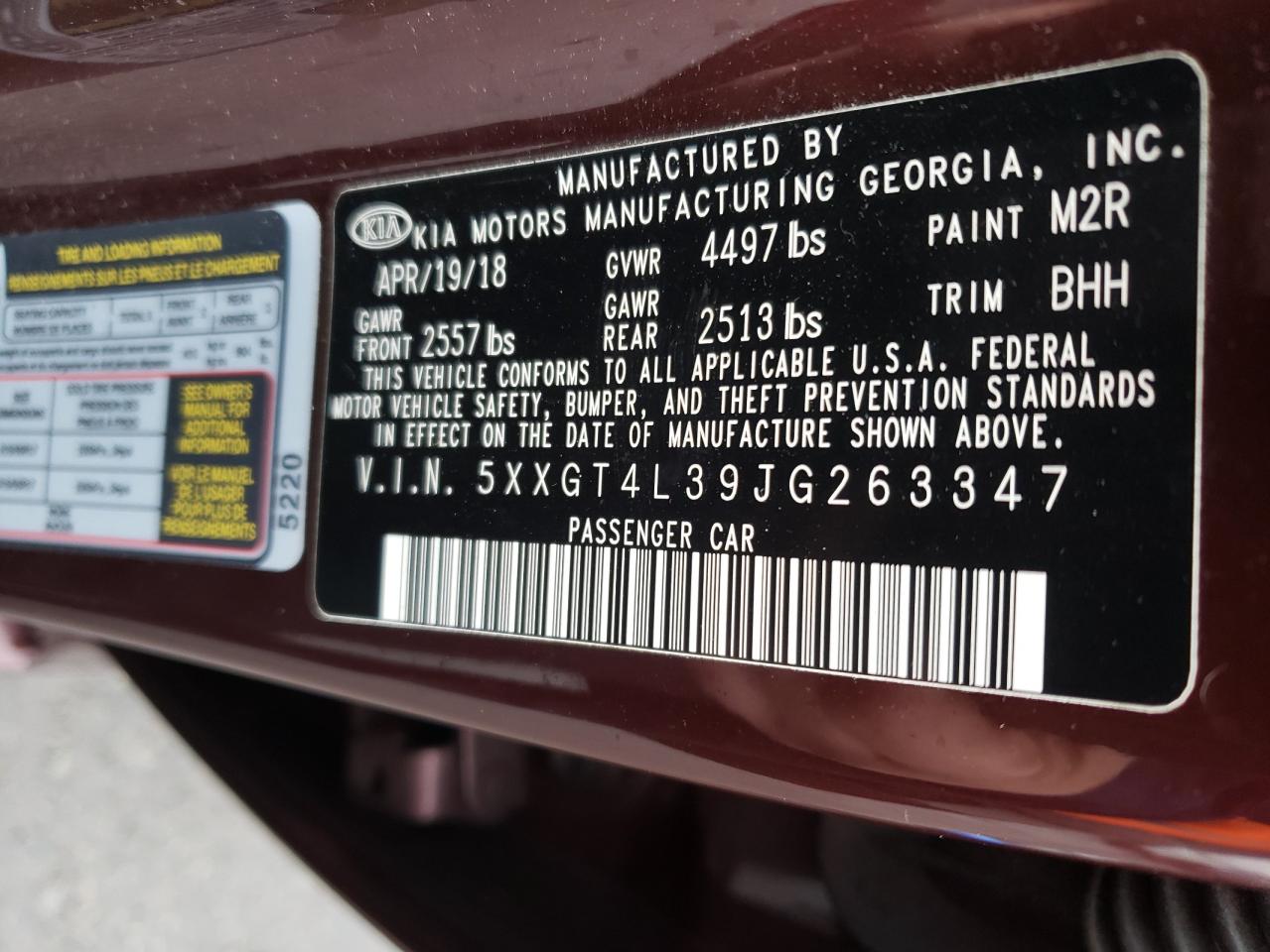 Photo 10 from auction – 2018 KIA OPTIMA LX with VIN 5XXGT4L39JG263347