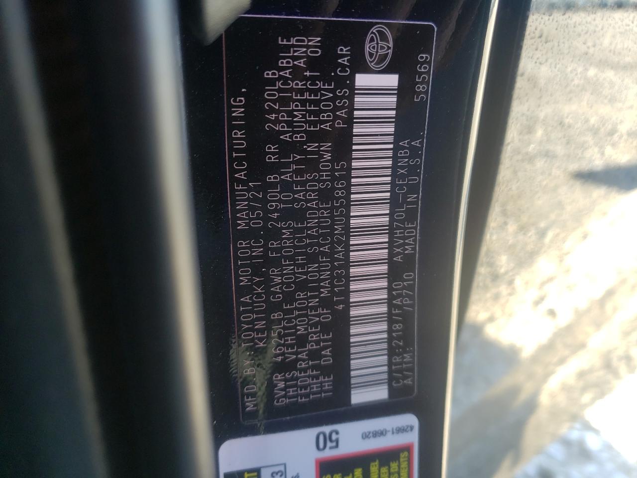 Photo 10 from auction – 2021 TOYOTA CAMRY LE with VIN 4T1C31AK2MU558615