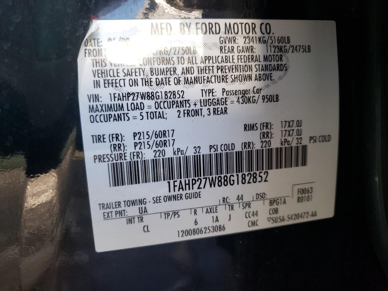 Photo 10 from auction – 2008 FORD TAURUS SEL with VIN 1FAHP27W88G182852
