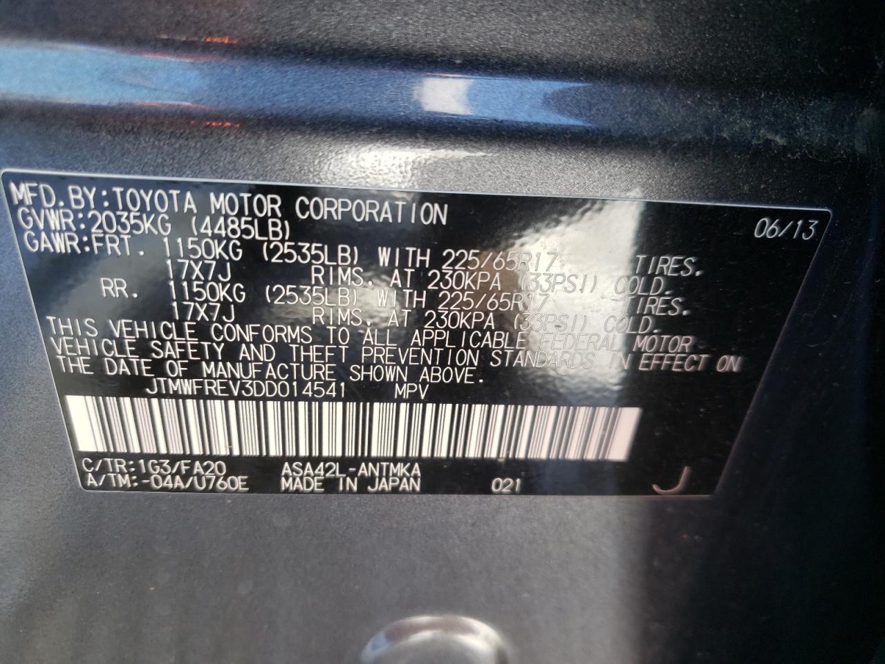 Photo 10 from auction – 2013 TOYOTA RAV4 with VIN JTMWFREV3DD014541
