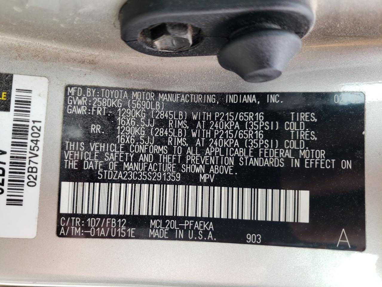 Photo 10 from auction – 2005 TOYOTA SIENNA CE with VIN 5TDZA23C35S291359