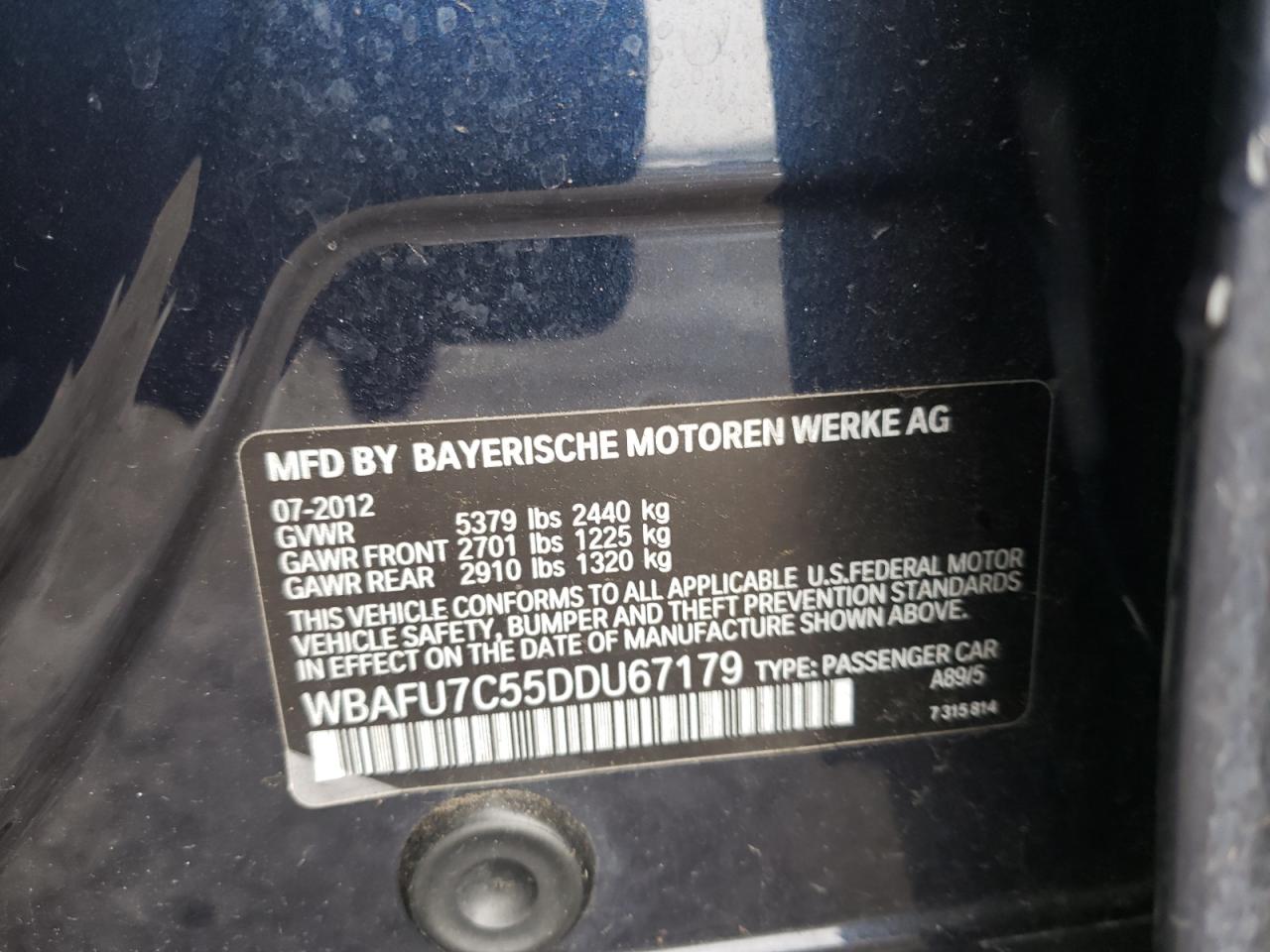 Photo 10 from auction – 2013 BMW 535 XI with VIN WBAFU7C55DDU67179