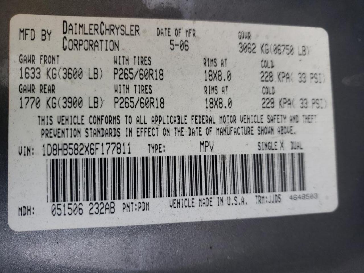 Photo 10 from auction – 2006 DODGE DURANGO LI with VIN 1D8HB582X6F177811