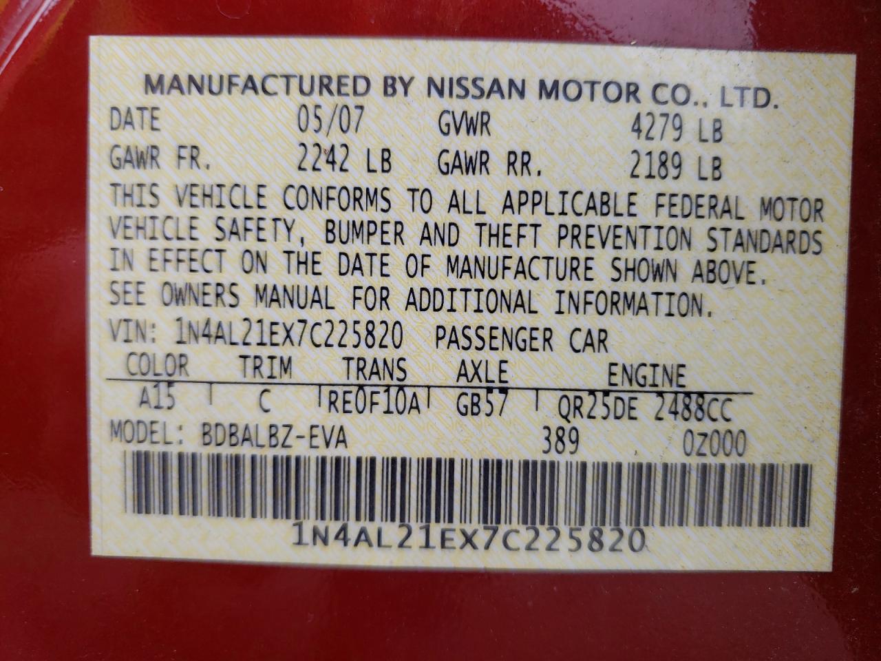 Photo 10 from auction – 2007 NISSAN ALTIMA 2.5 with VIN 1N4AL21EX7C225820