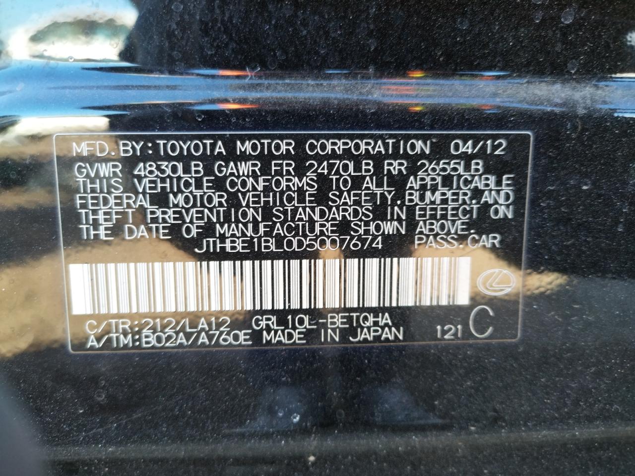 Photo 10 from auction – 2013 LEXUS GS 350 with VIN JTHBE1BL0D5007674