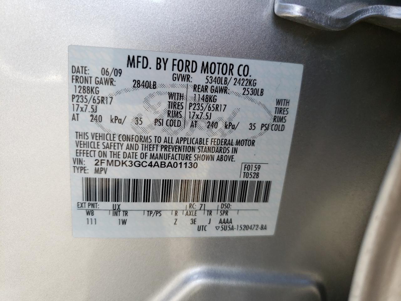 Photo 10 from auction – 2010 FORD EDGE SE with VIN 2FMDK3GC4ABA01130