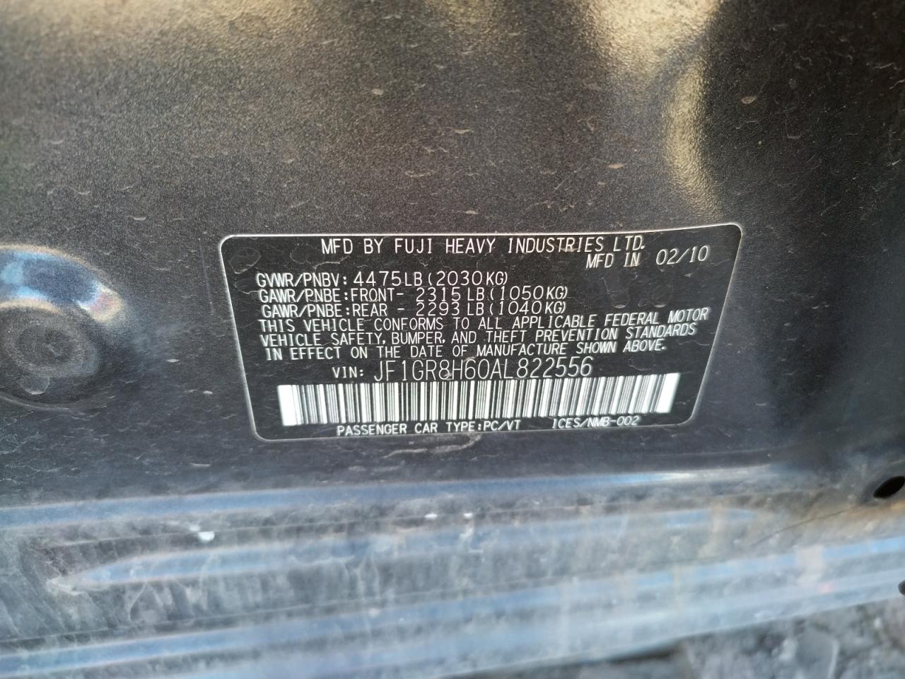 Photo 10 from auction – 2010 SUBARU IMPREZA WR with VIN JF1GR8H60AL822556
