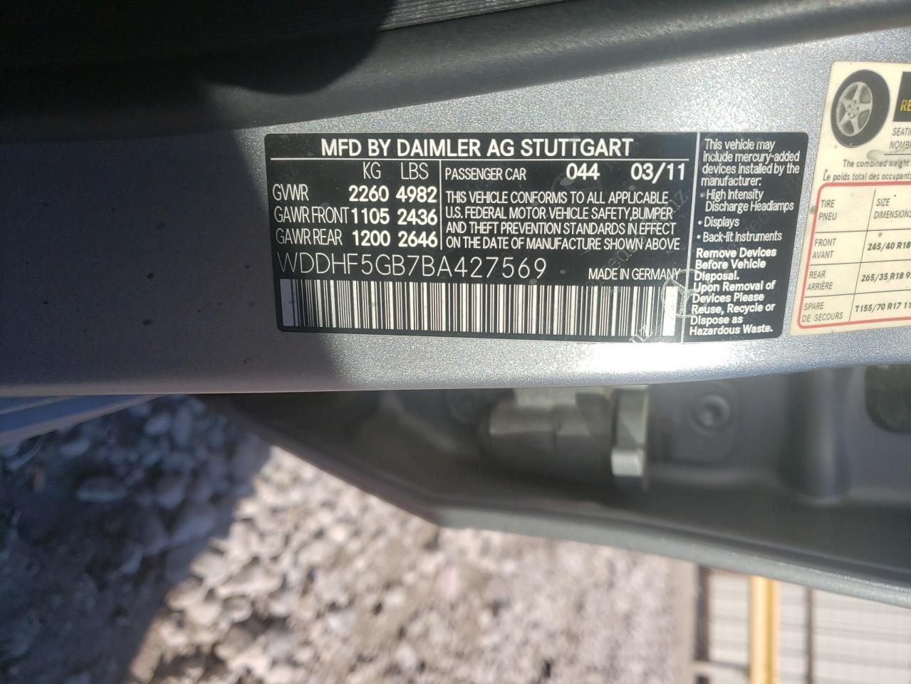 Photo 10 from auction – 2011 MERCEDES-BENZ E 350 with VIN WDDHF5GB7BA427569