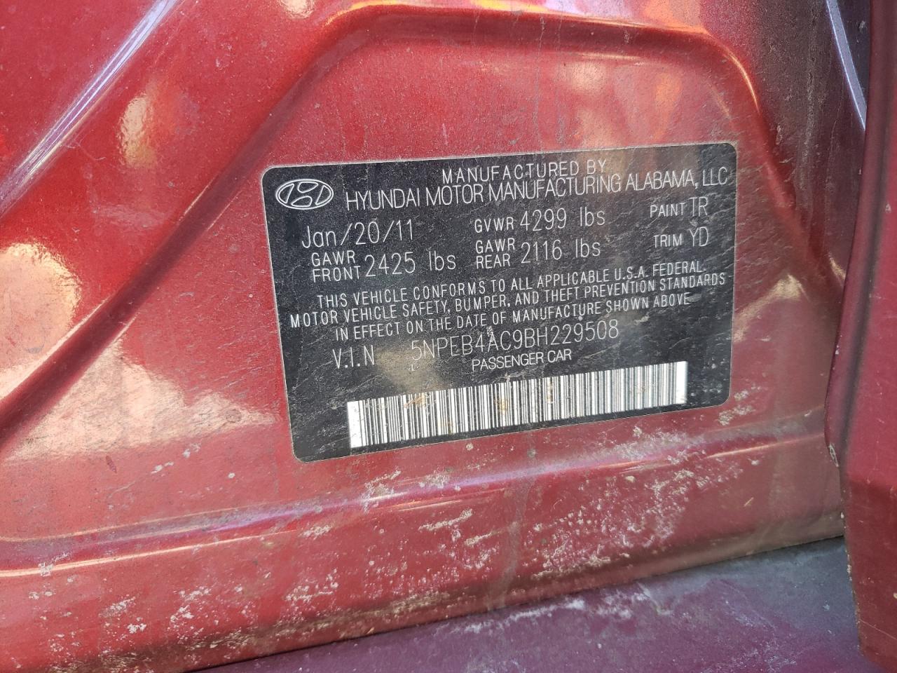 Photo 10 from auction – 2011 HYUNDAI SONATA GLS with VIN 5NPEB4AC9BH229508