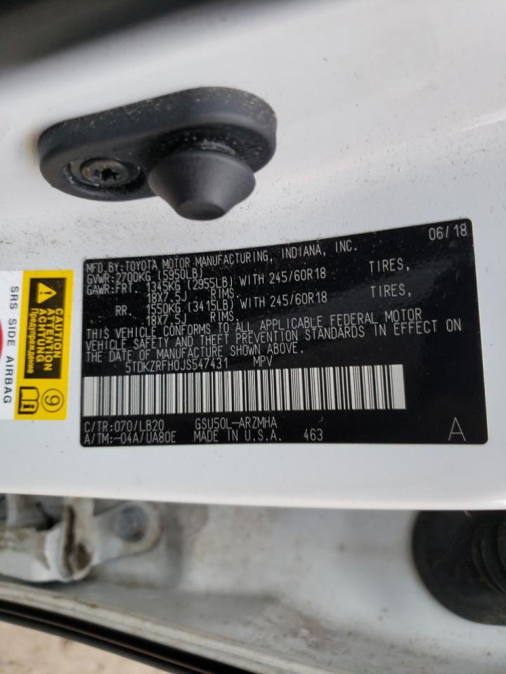 Foto 10 de la subasta – 2018 TOYOTA HIGHLANDER con VIN 5TDKZRFH0JS547431