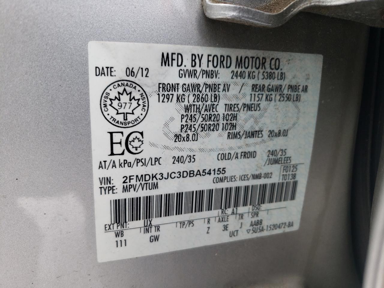 Photo 10 from auction – 2013 FORD EDGE SEL with VIN 2FMDK3JC3DBA54155