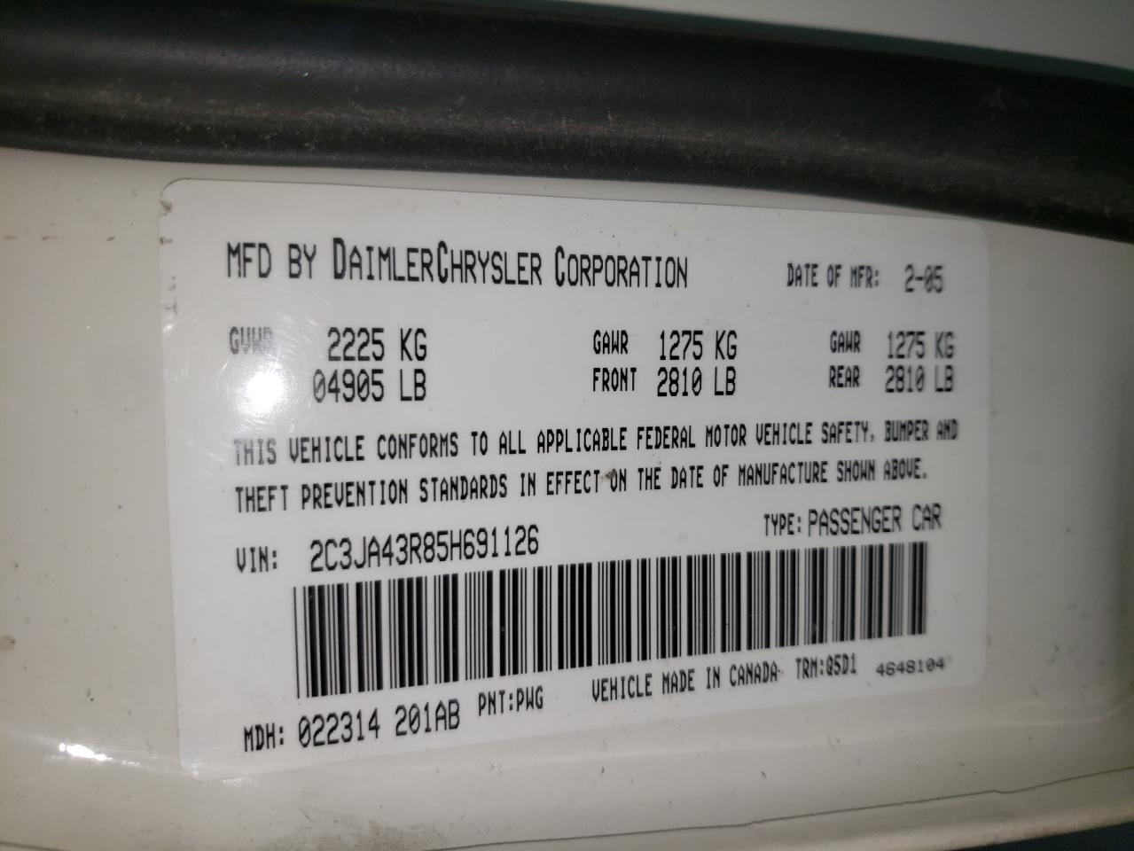 Photo 10 from auction – 2005 CHRYSLER 300 with VIN 2C3JA43R85H691126
