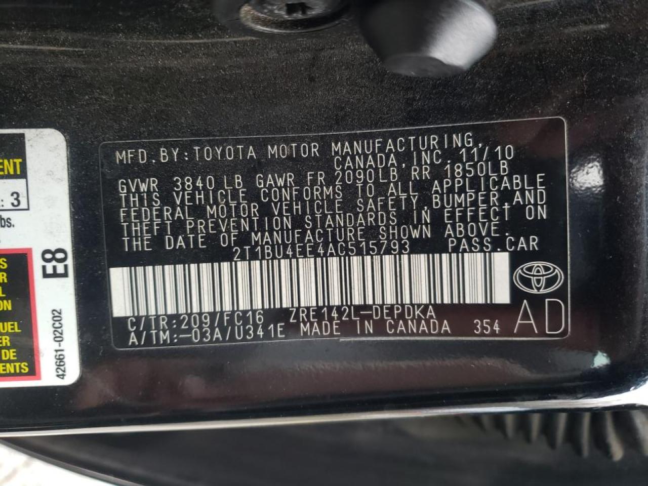 Photo 10 from auction – 2010 TOYOTA COROLLA BA with VIN 2T1BU4EE4AC515793