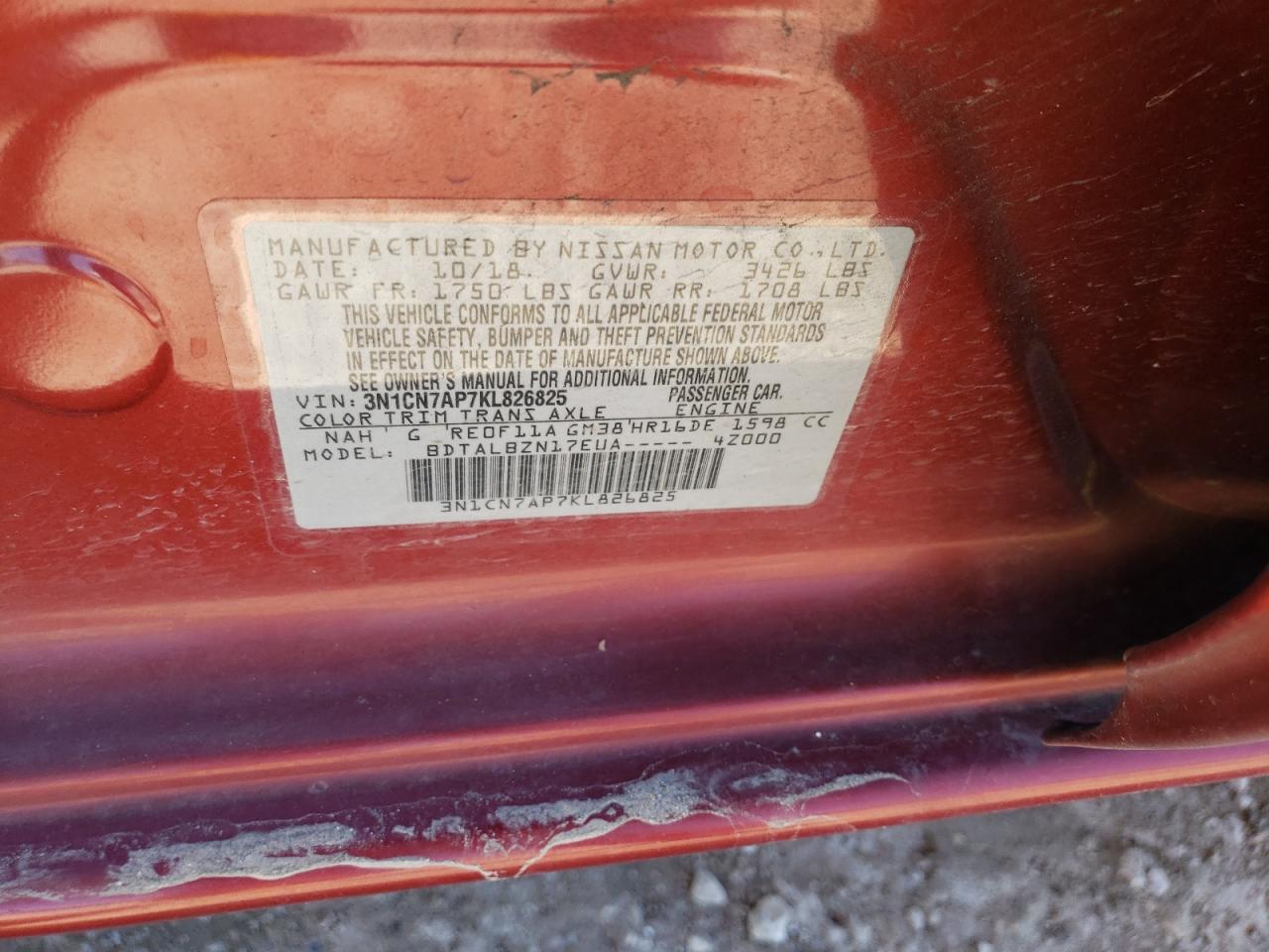 Photo 10 from auction – 2019 NISSAN VERSA S with VIN 3N1CN7AP7KL826825