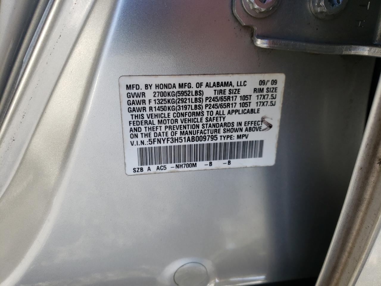 Photo 10 from auction – 2010 HONDA PILOT EXL with VIN 5FNYF3H51AB009795