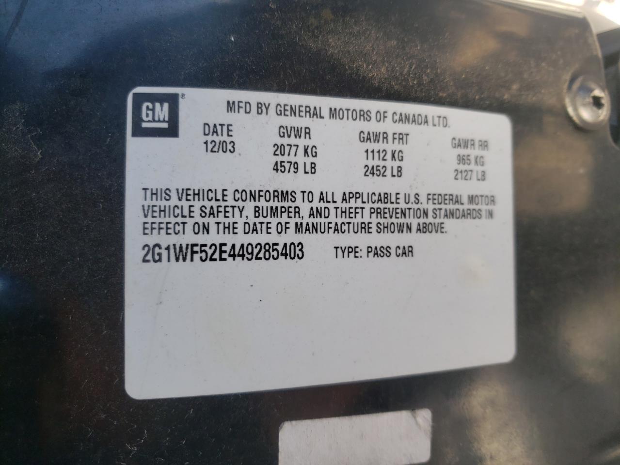 Photo 10 from auction – 2004 CHEVROLET IMPALA with VIN 2G1WF52E449285403