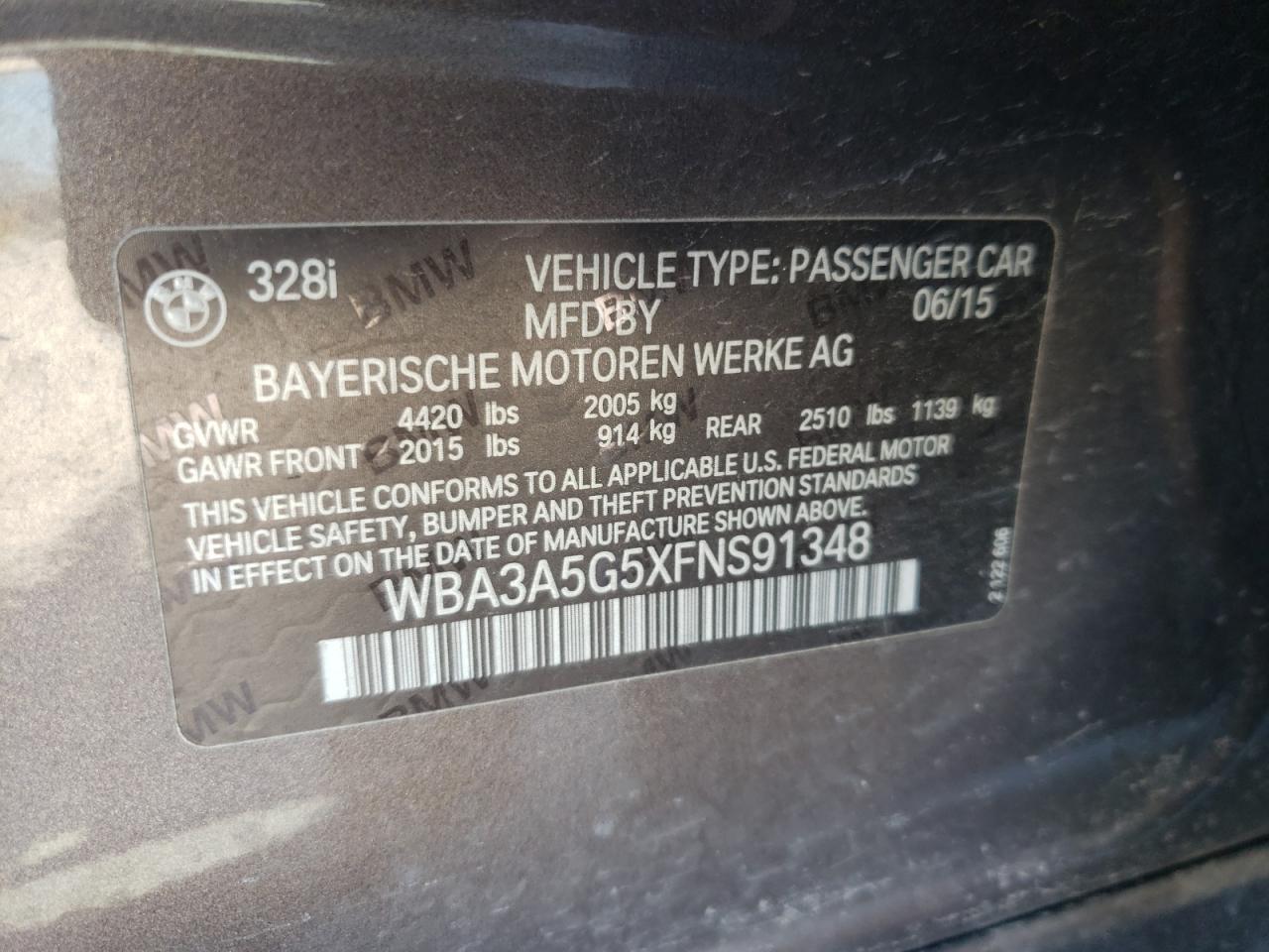 Photo 10 from auction – 2015 BMW 328 I with VIN WBA3A5G5XFNS91348