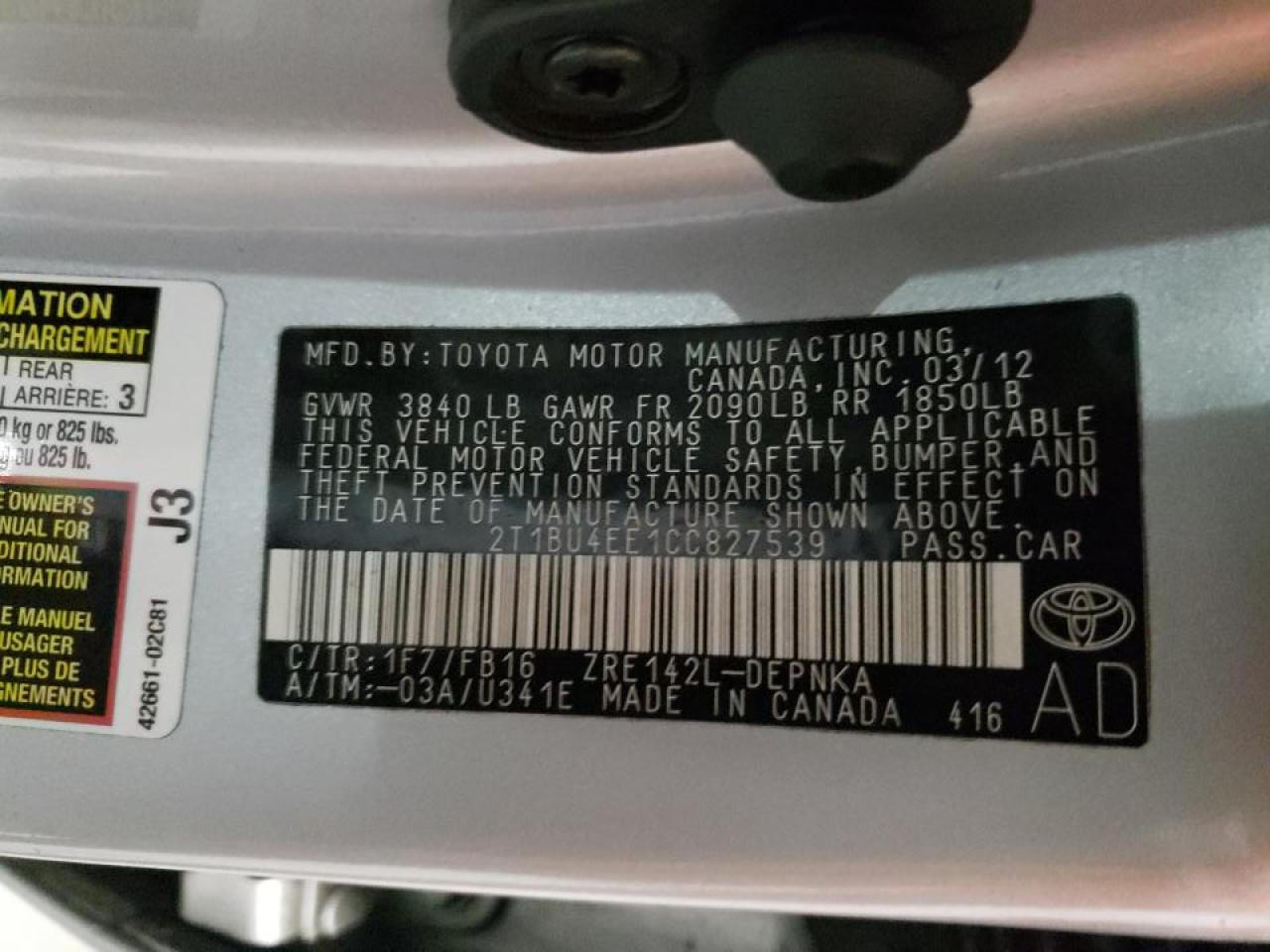 Photo 10 from auction – 2012 TOYOTA COROLLA BA with VIN 2T1BU4EE1CC827539