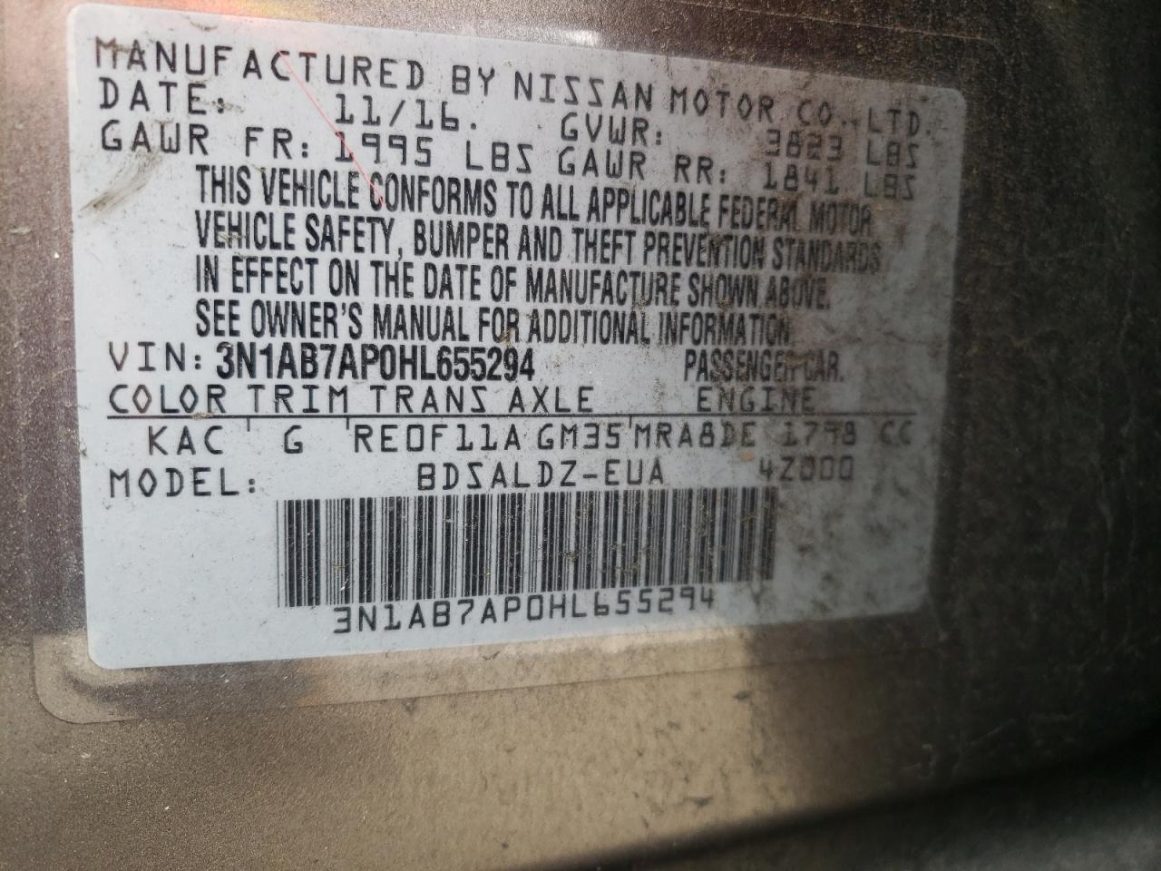 Photo 10 from auction – 2017 NISSAN SENTRA S with VIN 3N1AB7AP0HL655294