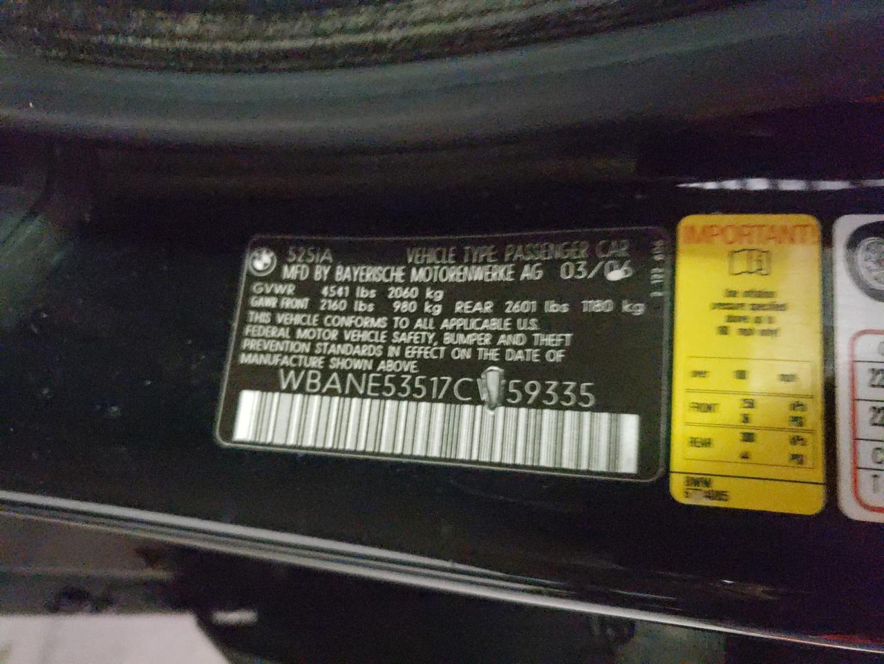 Photo 10 from auction – 2007 BMW 525 I with VIN WBANE53517CW59335