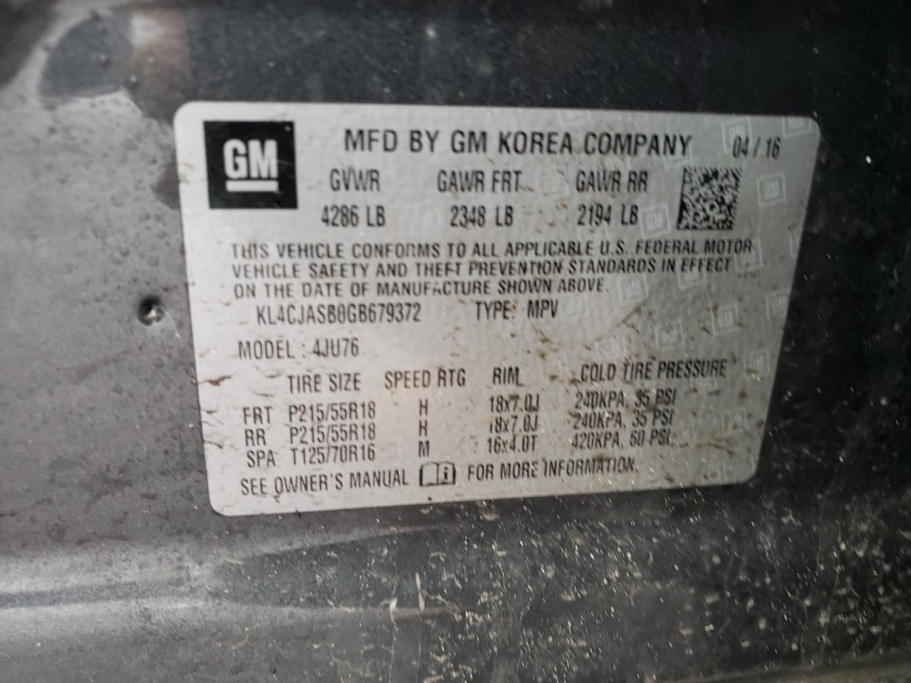 Photo 10 from auction – 2016 BUICK ENCORE with VIN KL4CJASB0GB679372