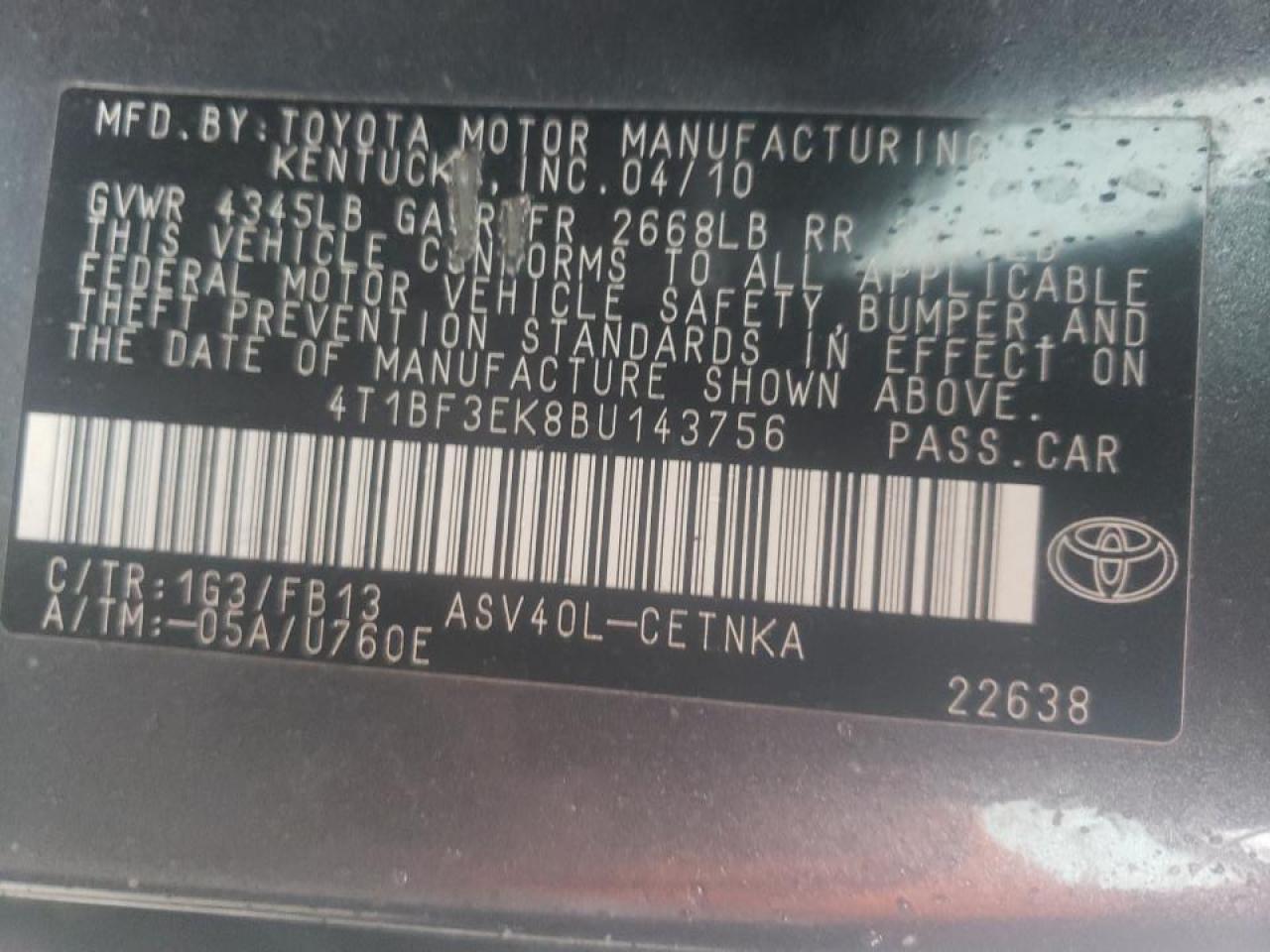 Photo 10 from auction – 2011 TOYOTA CAMRY BASE with VIN 4T1BF3EK8BU143756
