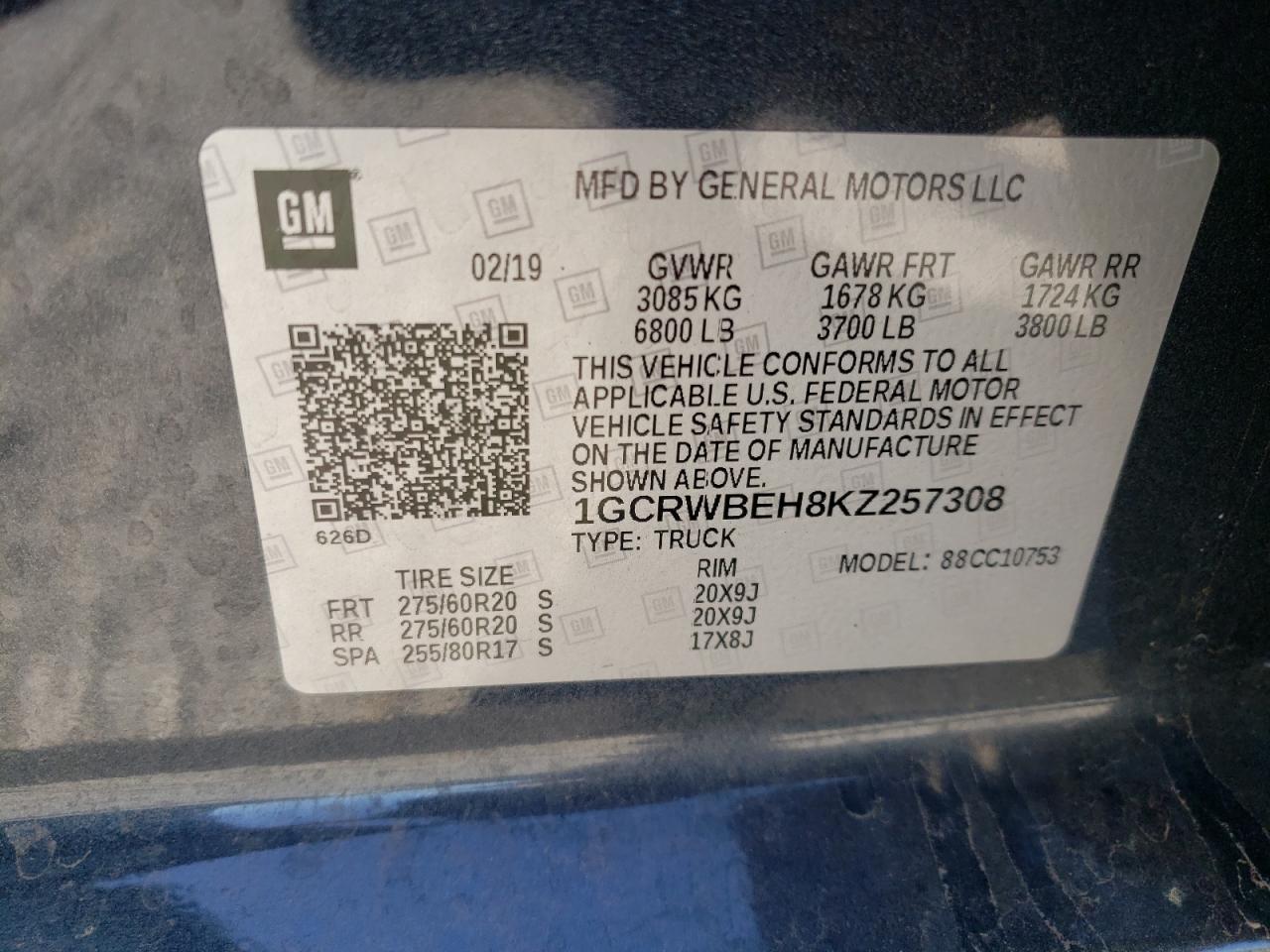 Photo 10 from auction – 2019 CHEVROLET SILVERADO with VIN 1GCRWBEH8KZ257308