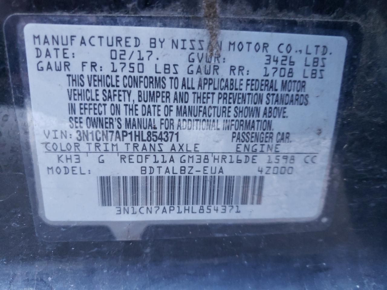 Photo 10 from auction – 2017 NISSAN VERSA S with VIN 3N1CN7AP1HL854371