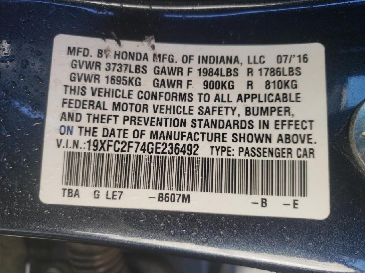 Photo 10 from auction – 2016 HONDA CIVIC EX with VIN 19XFC2F74GE236492
