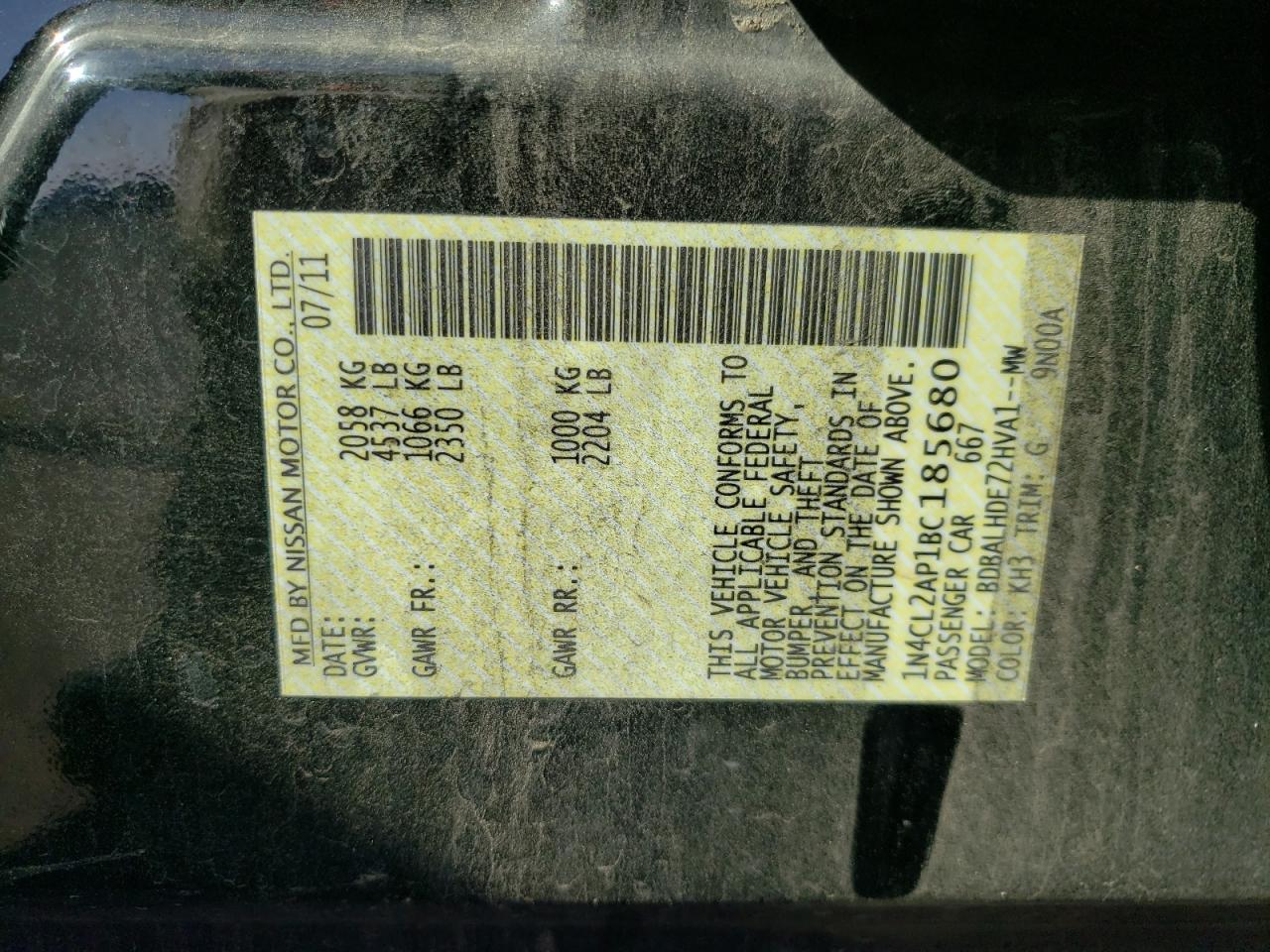 Photo 10 from auction – 2011 NISSAN ALTIMA HYB with VIN 1N4CL2AP1BC185680