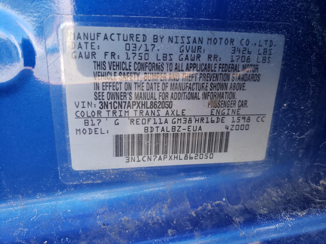 Photo 10 from auction – 2017 NISSAN VERSA S with VIN 3N1CN7APXHL862050